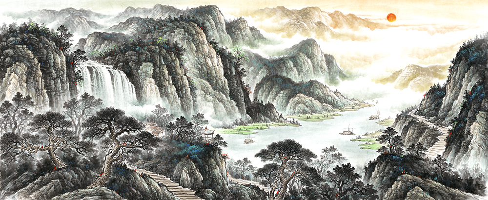 万波-近现代山水国画《富水长源》150X80cm